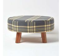 HOMESCAPES Grey and Yellow Tartan Fabric Flat Circular Stool with Wooden Legs