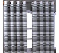 HOMESCAPES Grey Black White Eyelet Curtain Pair 167cm (66") Wide x 182cm (72") Drop Morocco Stripe Design Ring Top Curtain Pair
