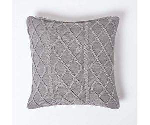HOMESCAPES Grey Cable Knit Cushion Cover 100% Cotton Diamond Pattern Bed or Sofa Cushion for Living Room Handwoven Super Soft Textured Slate Grey 45 x 45 cm Square Throw Cushion Case, 18 x 18”