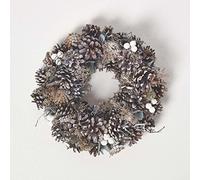 HOMESCAPES Grey Christmas Wreath 30 cm Decorated Front Door Handmade Wreath Round with Pastel Pinecones, Berries and Decoration
