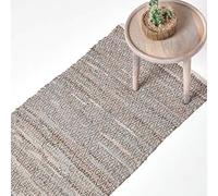 HOMESCAPES Grey Genuine Leather Hall Runner Handwoven Herringbone Design Recycled Eco Friendly Real Leather Rug, 66 x 200 cm