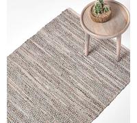 Homescapes Real Leather Handwoven Diamond Pattern Rug - Grey / 150cm