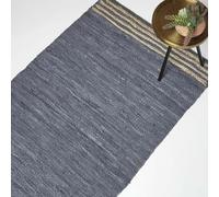HOMESCAPES Grey Genuine Leather Rug Handwoven Stripe Design Recycled Eco Friendly Real Leather Rug, 90 x 150 cm
