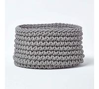 HOMESCAPES Grey Knitted Storage Basket Round W37 x H21cm 100% Cotton Fabric Basket Toys Basket Matching with Knitted Pouffes