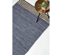Homescapes Grey Leather Handwoven Stripe Rug Grey