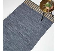 HOMESCAPES Grey Genuine Leather Rug Handwoven Stripe Design Recycled Eco Friendly Real Leather Rug, 160 x 230 cm