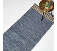 Homescapes Grey Recycled Leather Handwoven Stripe Rug, 66 X 200 Cm