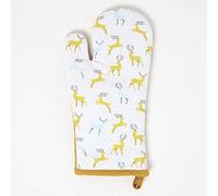 HOMESCAPES Grey & Yellow Oven Glove 100% Cotton Christmas Oven Mitt with Stag Xmas Pattern