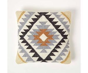 HOMESCAPES Handmade Kilim Cushion Black & Gold Cushion with Feather Filling 45 x 45 cm (18 x 18”) Traditional Indian Heavyweight Handwoven Embroidered Wool & Cotton Cushion Cover with Feather Insert