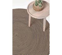 HOMESCAPES Linen and Black Handwoven Braided Spiral Rug 120cm Round Pattern Large Cotton Rug