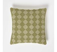 HOMESCAPES Handwoven Green Cushion 45 x 45 cm 100% Cotton Filled Decorative Throw Pillow “Lima” Check Diamond Scatter Cushion Insert Included