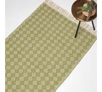 HOMESCAPES Handwoven Green Rug with Tassels 90 x 150 cm 100% Cotton Lima Diamond Checkered Pattern Rug for Living Room Hallway or Bedroom