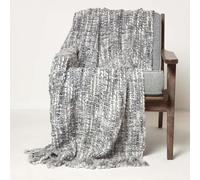 HOMESCAPES Handwoven Grey Throw 125 x 150 cm Super Soft Textured Cosy Warm Blanket with Tassels “Ophelia” Acrylic Yarn Bed or Sofa Throw
