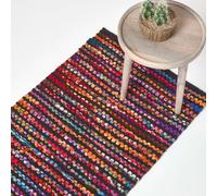 HOMESCAPES Handwoven Multi Coloured Recycled Chindi Folk Rug - 66 x 200 cm