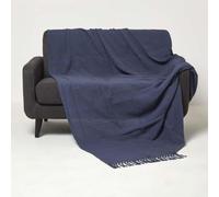 HOMESCAPES Handwoven Navy Blue Throw 150 x 200 cm Textured 100% Cotton Throw Blanket with Tassels Lightweight All Season “Kashi” Bed or Sofa Throw