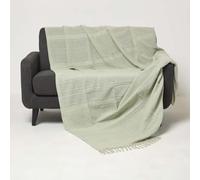 HOMESCAPES Handwoven Sage Green Throw 255 x 360 cm Textured 100% Cotton Throw Blanket with Tassels Lightweight All Season “Kashi” Bed or Sofa Throw