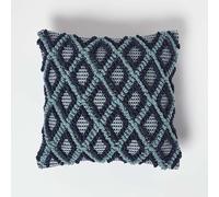 HOMESCAPES Handwoven Teal & Navy Cushion 45 x 45 cm Filled Decorative Throw Pillow “Tula” 100% Cotton & Recycled PET with Geometric Ikat Design Cushion Insert Included