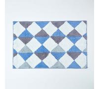 Homescapes Harlequin Pattern Blue And White Cotton Bath Mat