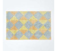 HOMESCAPES Super Absorbent Soft ‘Harelquin’ Mustard Yellow, Orange & Grey Cotton Bathmat with Plush Diamond Geometric Pattern & Non Slip Latex Backing 50x80cm Large Shower Mat Machine Washable
