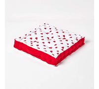 HOMESCAPES - Hearts - 100% Cotton - Large Floor Cushion - Red White - 50 x 50 x 10 cm Square - Indoor - Garden - Dining Chair Booster - Seat Pad Cushion.