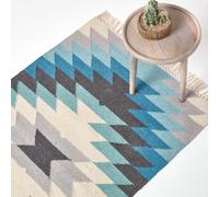 Homescapes Helsinki Handwoven Geometric Pattern Blue Grey And Cream Kilim Wool Rug, 160 X 230 Cm