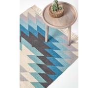 (160 x 230 cm) Helsinki Handwoven Geometric Pattern Blue Grey and Cream Kilim Wool Rug