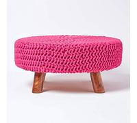 HOMESCAPES Hot Pink Knitted Pouffe Footstool Occasional Seat 100% Cotton for Living Room Children or the Elderly