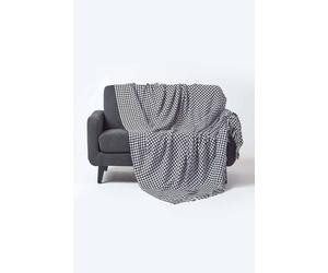 Homescapes Houndstooth 100% Cotton Bedspread Throw In Black Black