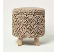 HOMESCAPES Brown Macrame Knitted Pouffe with Storage 43 cm Tall Crochet Round Footstool on Legs 100% Cotton Braided Design Stool Vanity Seat