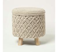 HOMESCAPES Natural Macrame Knitted Pouffe with Storage 43 cm Tall Crochet Round Footstool on Legs 100% Cotton Braided Design Stool Vanity Seat