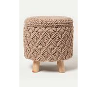 HOMESCAPES Brown Macrame Knitted Pouffe with Storage 43 cm Tall Crochet Round Footstool on Legs 100% Cotton Braided Design Stool Vanity Seat