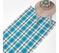HOMESCAPES Irvine Handwoven Blue Tartan 100% Cotton Rug - 66 x 200 cm