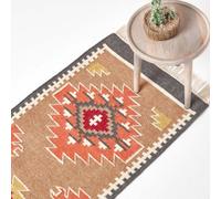 Homescapes Jaipur Handwoven Brown And Orange Patterned Kilim Wool Rug, 66 X 200 Cm