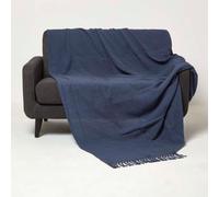HOMESCAPES Handwoven Navy Blue Throw 225 x 255 cm Textured 100% Cotton Throw Blanket with Tassels Lightweight All Season “Kashi” Bed or Sofa Throw