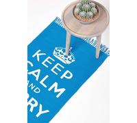 HOMESCAPES Rugs For Bedroom, Handwoven 'Keep Calm and Carry On' Nostalgic Blue & White Living Room Area Rug, Ultra Soft 100% Cotton Carpet, Hand Block Printed - 60 x 100 cm