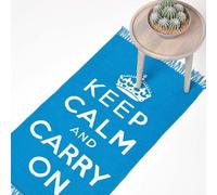 HOMESCAPES Rugs For Bedroom, Handwoven 'Keep Calm and Carry On' Nostalgic Blue & White Living Room Area Rug, Ultra Soft 100% Cotton Carpet, Hand Block Printed - 60 x 100 cm