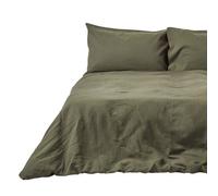 HOMESCAPES Soft Linen Duvet Cover Set Plain Dark Green Textured Bedding Continental French Flax Fibre Linen & Pure 100% Cotton Blend Khaki Duvet Cover & Pillowcases, Euro Size 150 x 200 cm