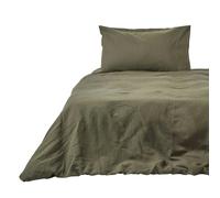 HOMESCAPES Soft Linen Duvet Cover Set Plain Dark Green Textured Bedding Continental French Flax Fibre Linen & Pure 100% Cotton Blend Khaki Duvet Cover & Pillowcases, Euro Size 150 x 200 cm