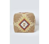 HOMESCAPES Handmade Kilim Pouffe Brown & Orange Footstool with Bean Filling 43 x 43 cm (17 x 17”) Traditional Indian Handwoven Embroidered Wool & Cotton Square Beanbag with Geometric “Jaipur” Design