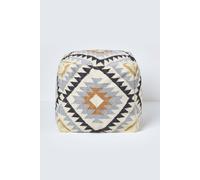 HOMESCAPES Handmade Kilim Pouffe Black & Gold Footstool with Bean Filling 43 x 43 cm (17 x 17”) Traditional Indian Handwoven Embroidered Wool & Cotton Square Beanbag with Geometric “Agra” Design