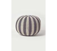 HOMESCAPES Large Off White and Grey Knitted Pouffe 100% Cotton Round Bean Filled Striped Footstool 50 x 40 cm
