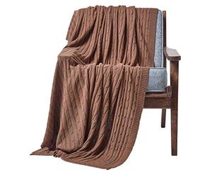 HOMESCAPES Large Brown Cable Knit Throw 150 x 200 cm Combed Cotton Soft and Cosy Blanket Bed and Sofa Throw For Small Sofas and Double Beds