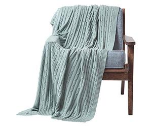 HOMESCAPES Large Duck Egg Blue Cable Knit Throw 150 x 200 cm Combed Cotton Soft and Cosy Blanket Bed and Sofa Throw For Small Sofas and Double Beds