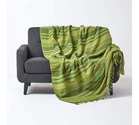 HOMESCAPES Large Green Throw “Morocco” Cotton Textured Stripe Throw 225 x 255 cm Bedspread Sofa Throw Handmade Suitable for 2 or 3 Seater Sofas or Double and King Size Beds Machine Washable