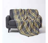 HOMESCAPES Large Grey & Yellow Tartan Throw 90 x 100 Inches or 228cm x 254cm, 100% Cotton Sofa throw for Most 3 Seater Settees and Sofas