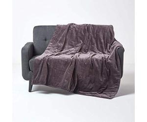 HOMESCAPES Large Luxury Dark Grey Velvet Throw Super Soft Thick Cotton Velvet Blanket with Handwoven Embroidered Dots and Thick Quilting Cosy and Warm Bedspread Sofa or Bed Throw, 150 x 200 cm