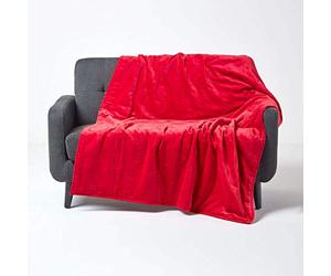 HOMESCAPES Large Luxury Red Velvet Throw Super Soft Thick Cotton Velvet Blanket with Handwoven Embroidered Dots and Thick Quilting Cosy and Warm Bedspread Sofa or Bed Throw, 150 x 200 cm