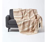 HOMESCAPES Large Natural Beige Throw “Morocco” Cotton Textured Stripe Throw 225 x 255 cm Bedspread Sofa Throw Handmade Suitable for 2 or 3 Seater Sofas or Double and King Size Beds Machine Washable