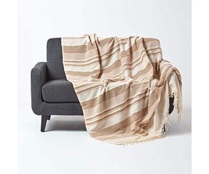 HOMESCAPES Large Natural Beige Throw “Morocco” Cotton Textured Stripe Throw 225 x 255 cm Bedspread Sofa Throw Handmade Suitable for 2 or 3 Seater Sofas or Double and King Size Beds Machine Washable