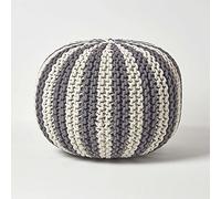 HOMESCAPES Large Off White and Grey Knitted Pouffe 100% Cotton Round Bean Filled Striped Footstool 50 x 40 cm